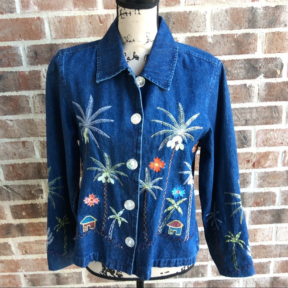 Vintage Tropical Embellished Denim Jacket Small - Picture 1 of 7